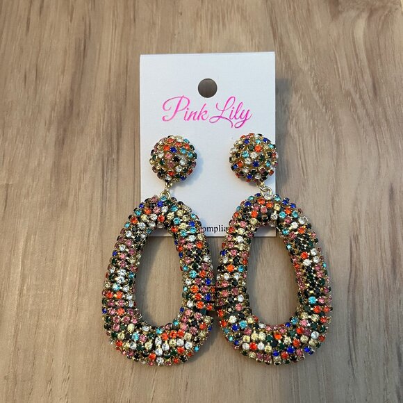 Multi-Color Rhinestone Drop Earrings Pink Lily - Picture 1 of 3